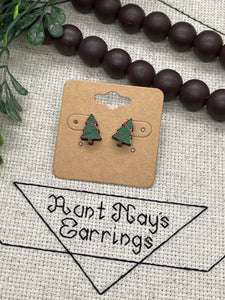 Painted Green Christmas Tree Wood Stud Earrings