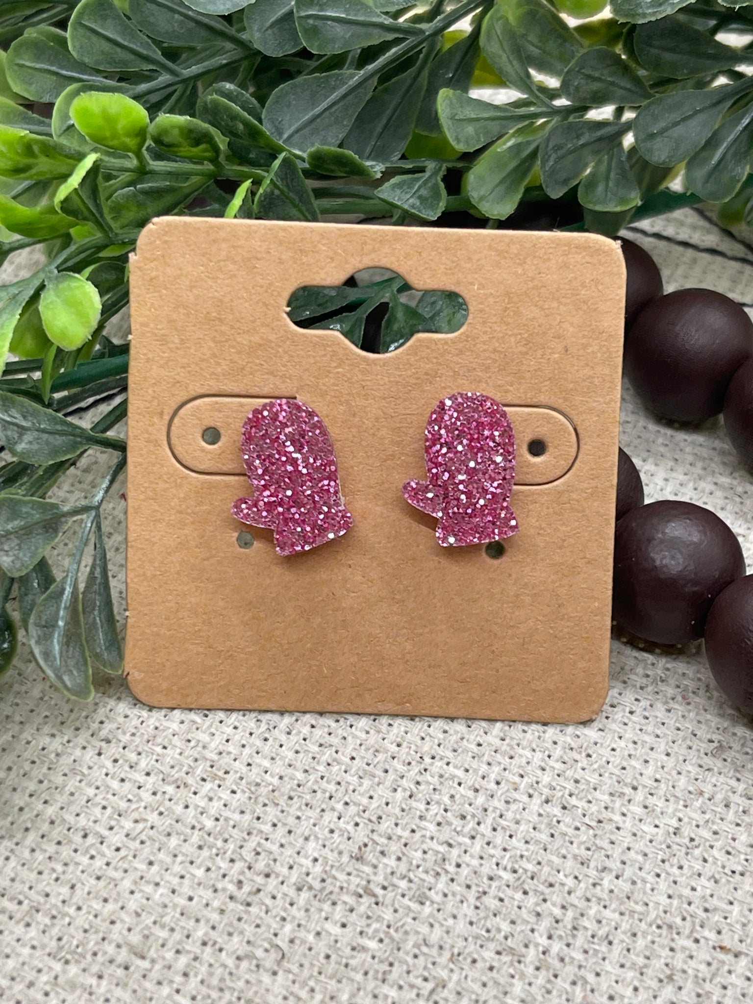 Pink Glitter Mittens Acrylic Stud Earrings