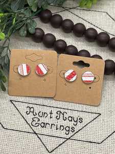 Red Candy Cane Striped Print Leather Stud Earrings
