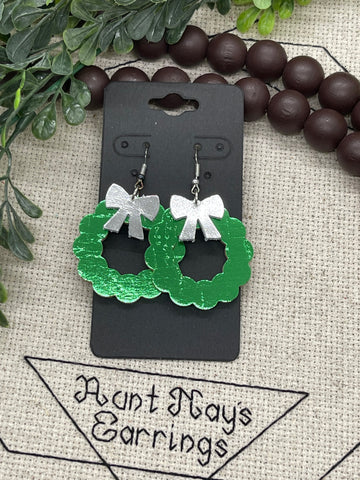 Metallic Green Christmas Wreath Earrings with Metallic Bow Accent