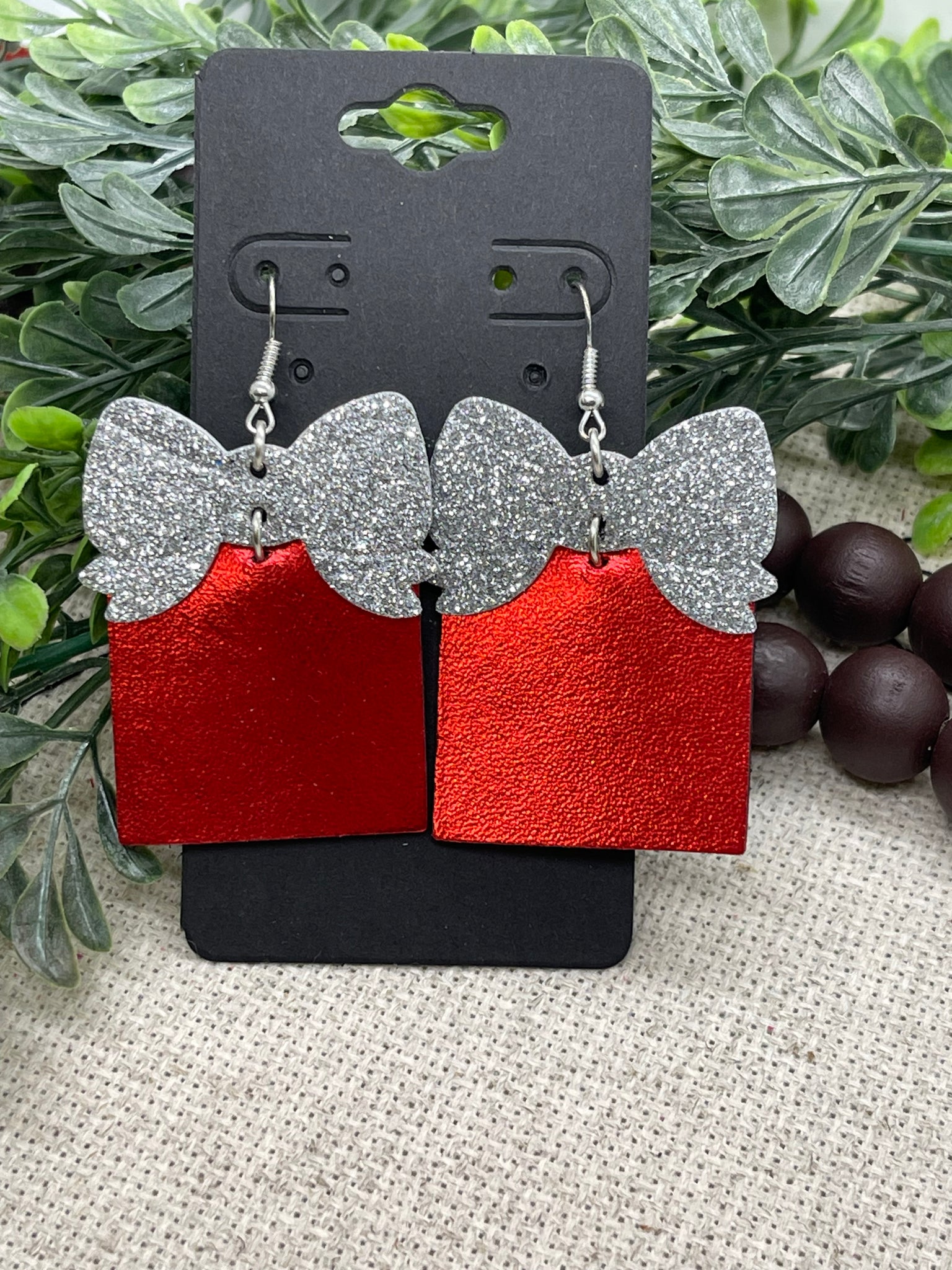 Red and Silver Christmas Present Shaped Leather Earrings