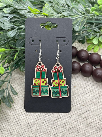 Hand Painted Stack of Christmas Presents Wood Earrings