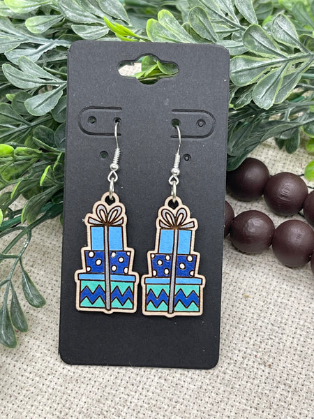 Hand Painted Stack of Christmas Presents Wood Earrings