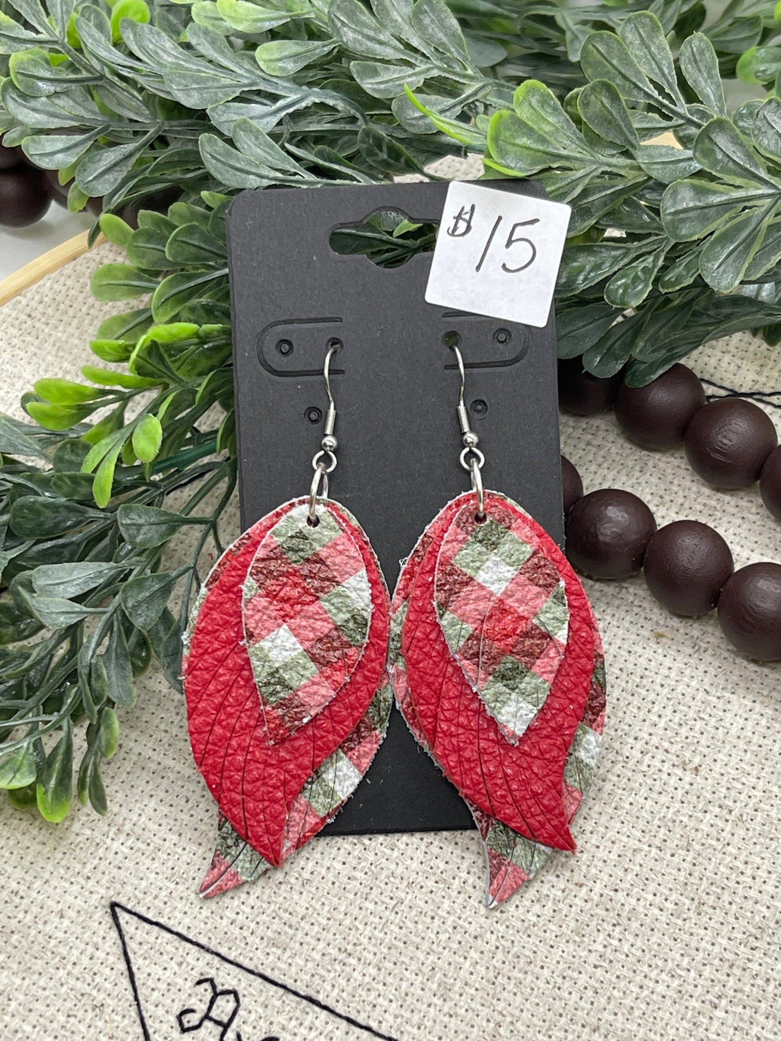 Triple Layer Red and Green Plaid Feather Shaped Leather Earrings