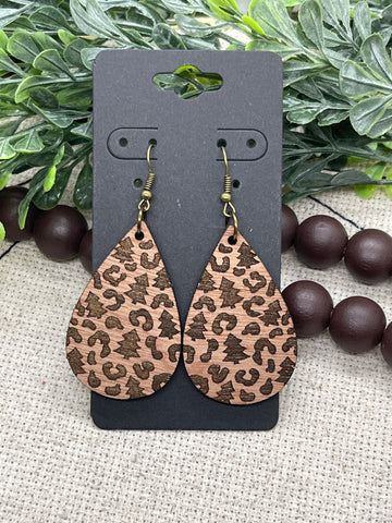 Leopard and Christmas Tree Engraved Wood Earrings