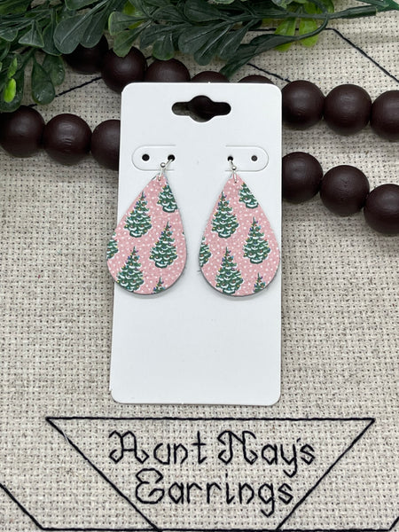 Ceramic Christmas Tree Print on Pink Leather Earrings