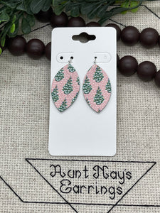 Ceramic Christmas Tree Print on Pink Leather Earrings