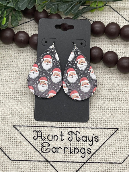 Santa Print on Black Cork on Leather Earrings