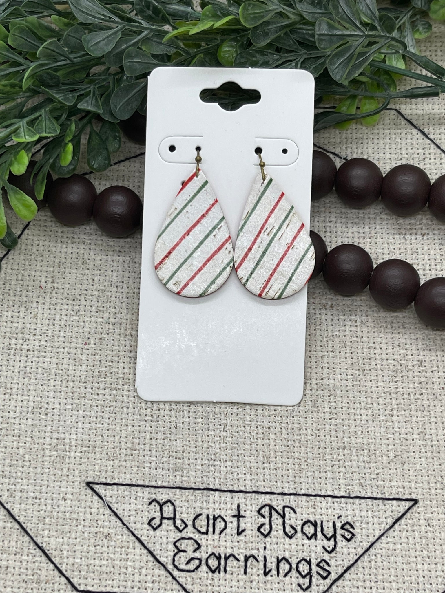 Thin Red and Green Striped Leather Earrings