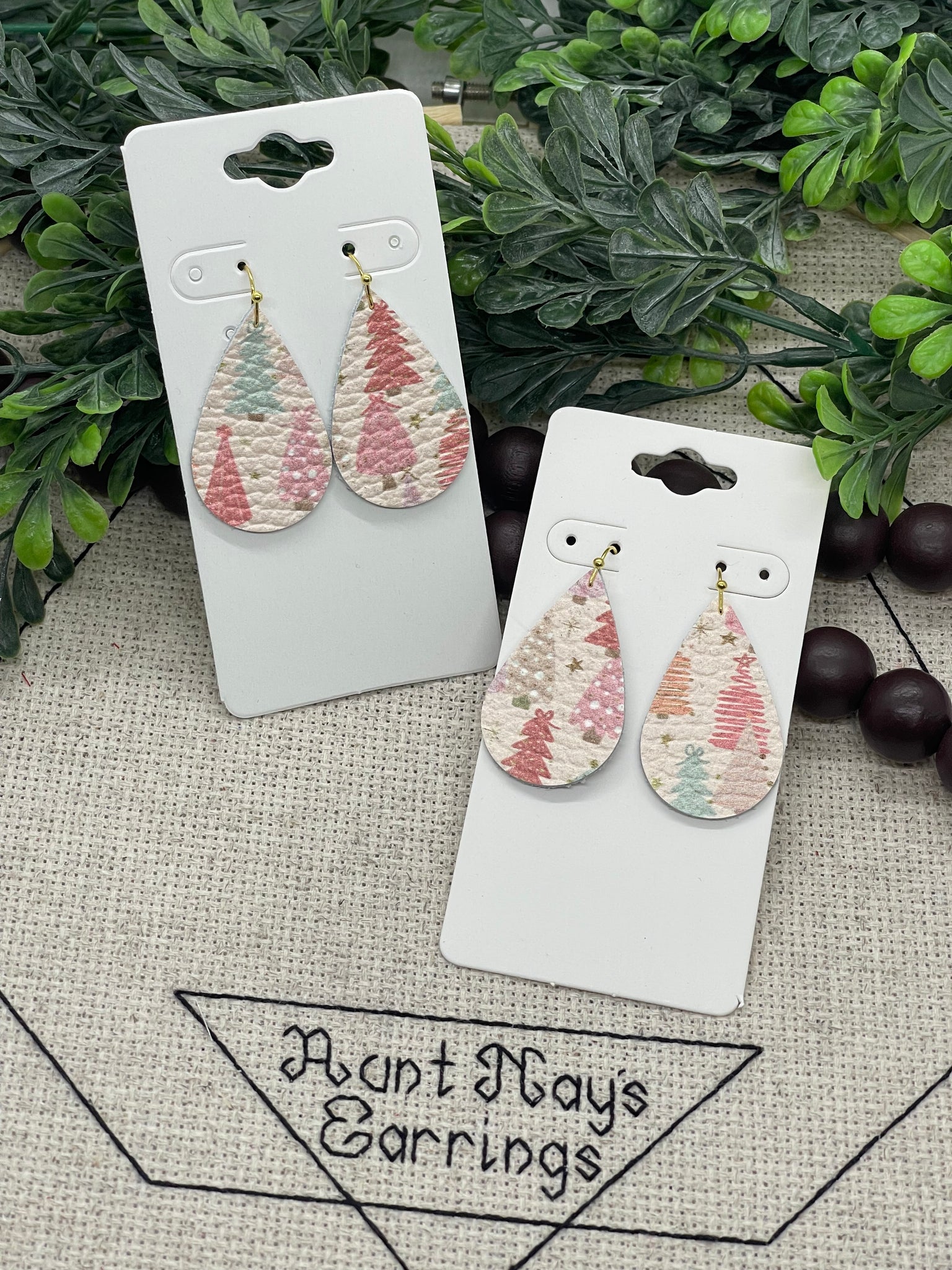 Pink Pastel Christmas Tree Print Cream Leather Earrings