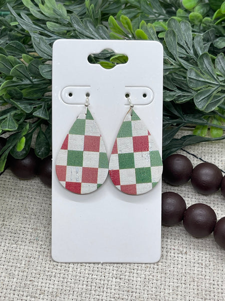Red White and Green Plaid Cork on Leather Earrings