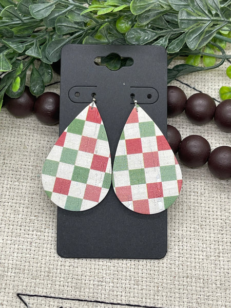 Red White and Green Plaid Cork on Leather Earrings