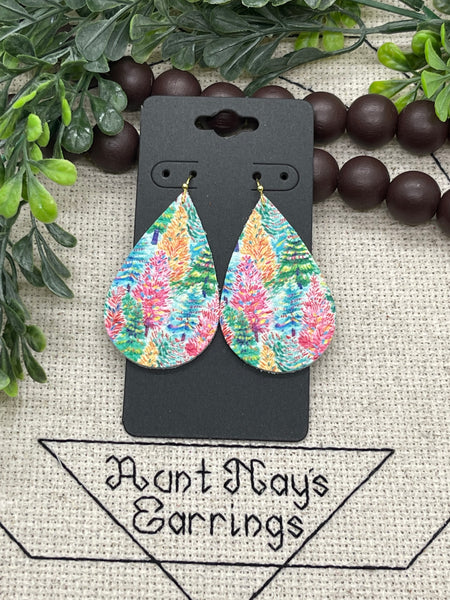 Bright Colors Christmas Tree Print Leather Earrings