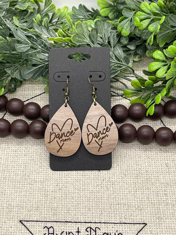Wood Engraved Dance Mom Earrings