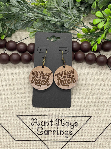 Wood Engraved Racing Mom Earrings Heart on that Track