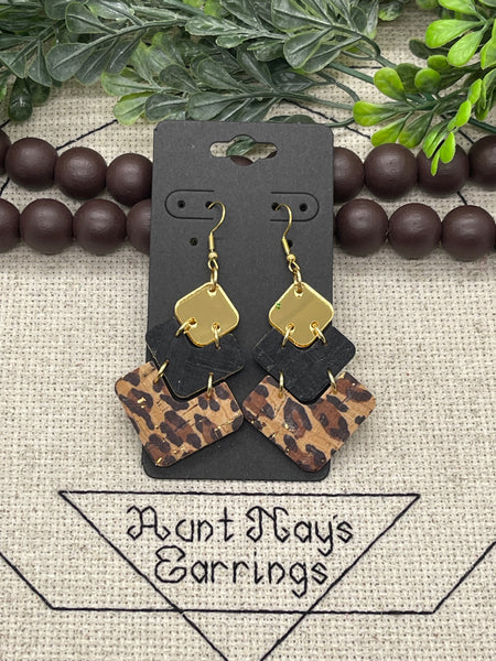 Chevron Style Green and Gold Stacked Cork on Leather Earrings