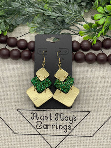 Chevron Style Green and Gold Stacked Cork on Leather Earrings