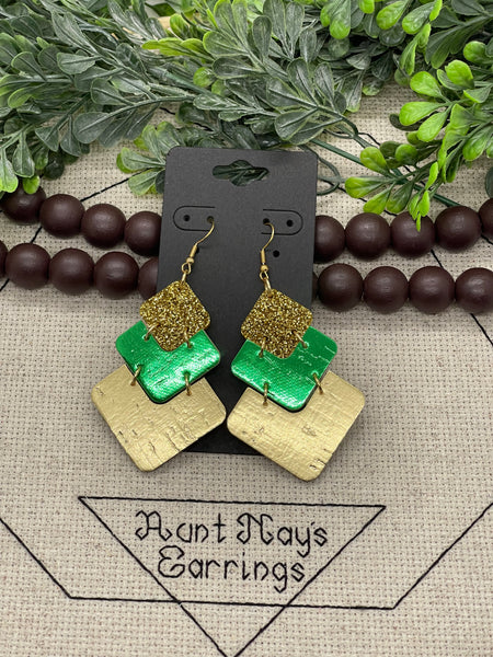 Large Chevron Style Green and Gold Stacked Cork on Leather Earrings