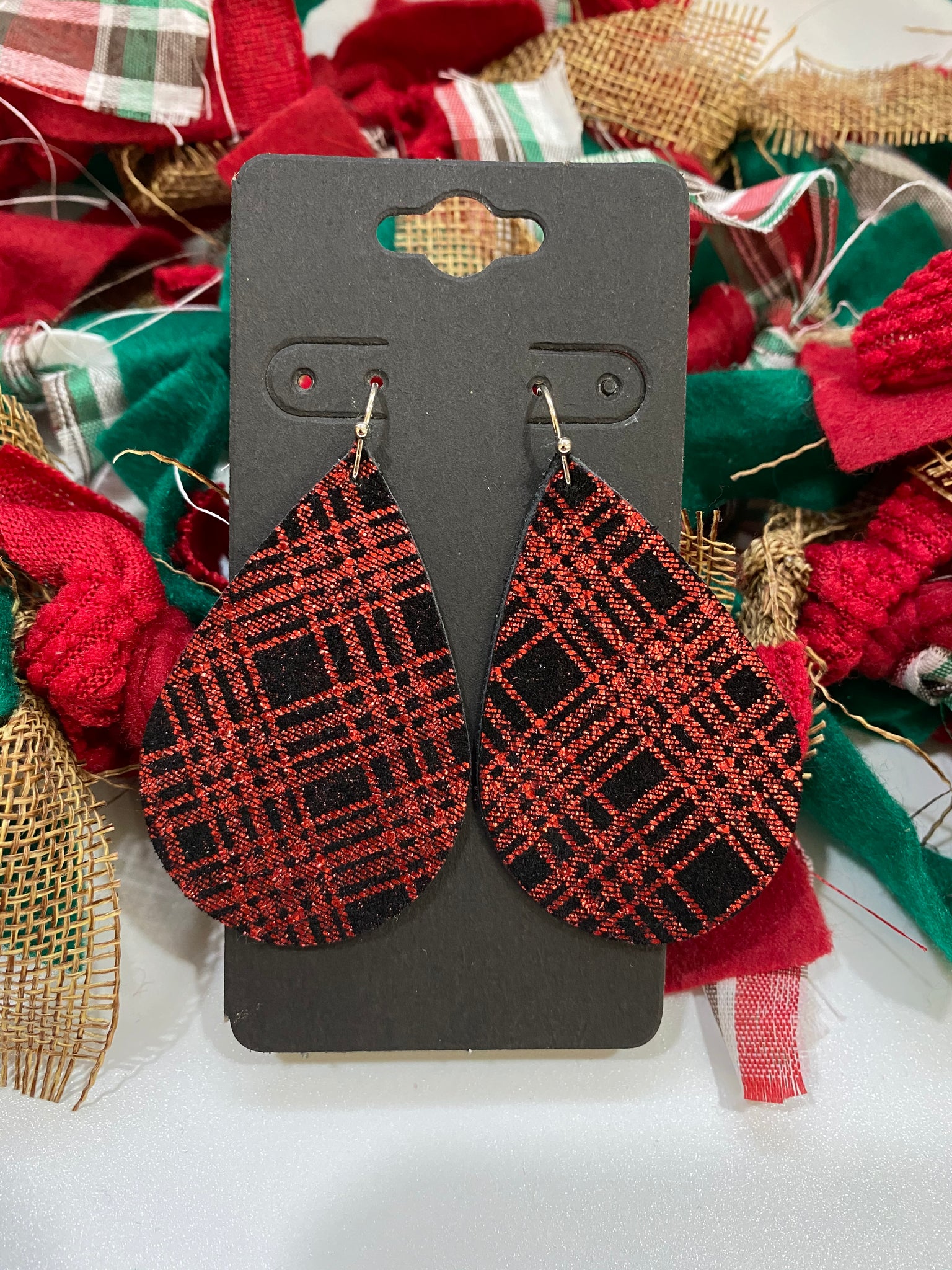 Black Suede Leather with Metallic Red Plaid Print Leather Earrings