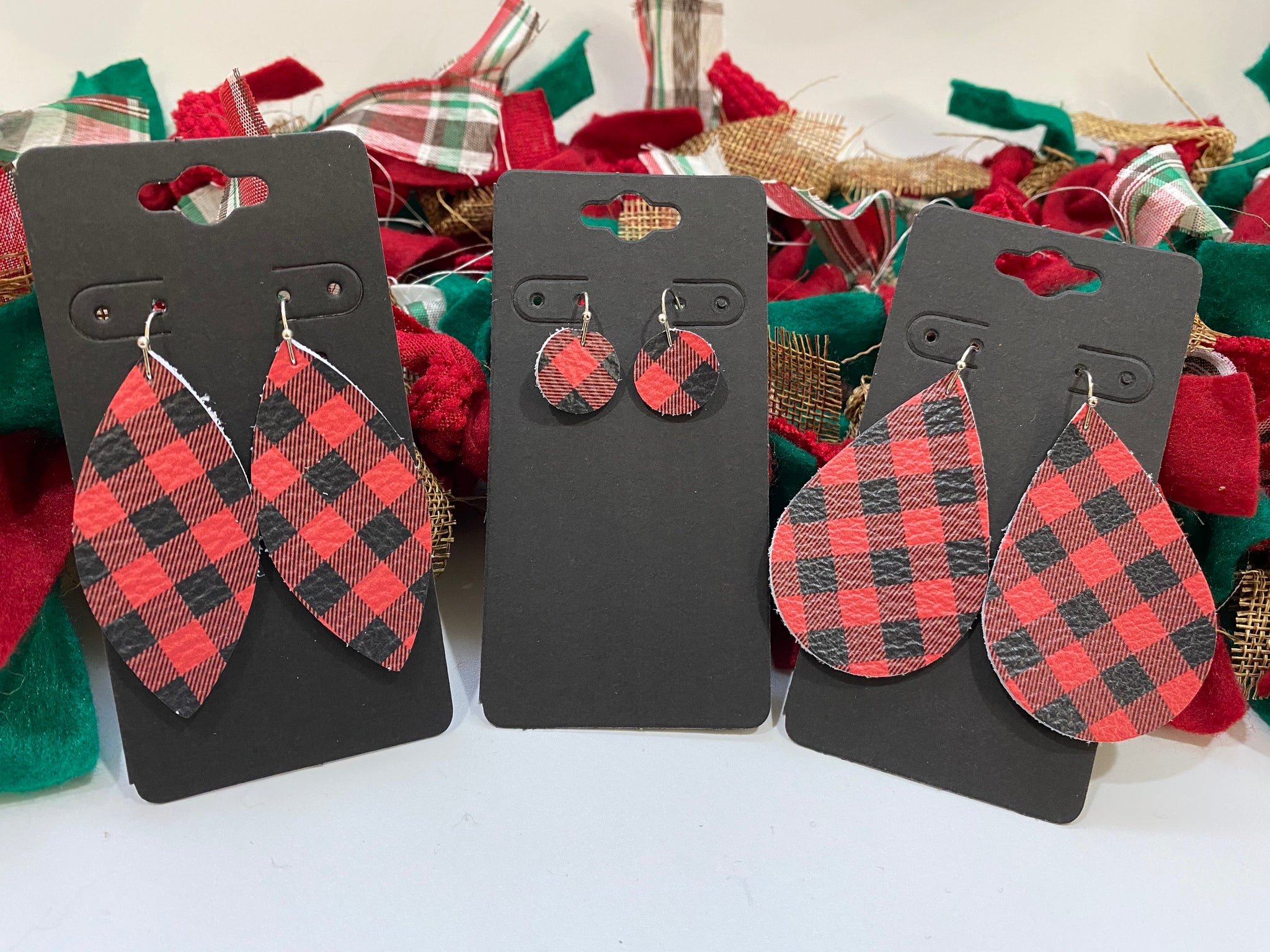 Small Red and Black Buffalo Plaid Print Leather Earrings