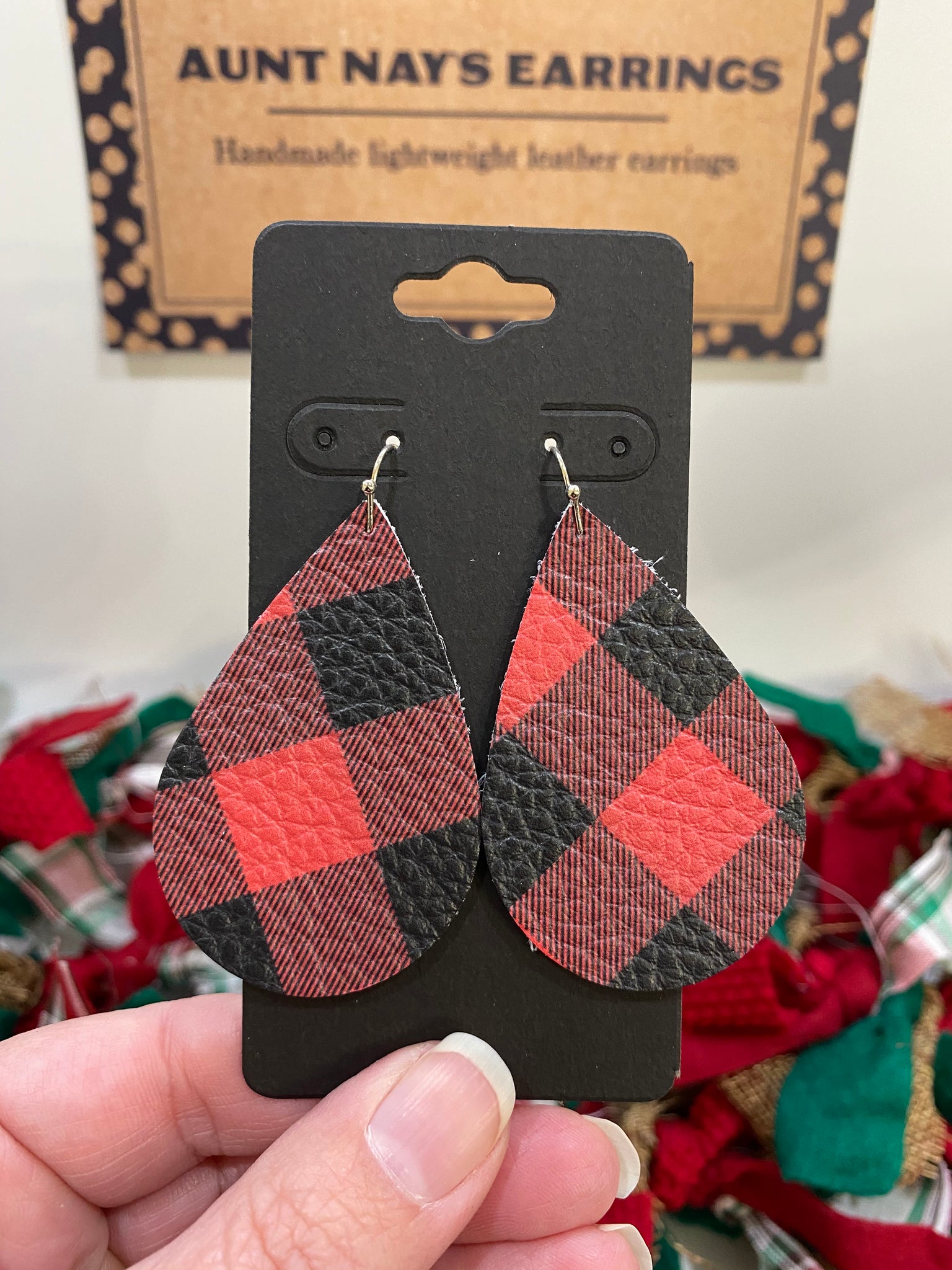 Large Red and Black Buffalo Plaid Print Leather Earrings