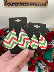 Red and Green Zig-Zag Stripes on White Leather Earrings