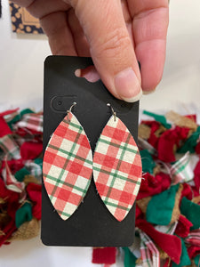 Red and Green Plaid on White Leather Earrings