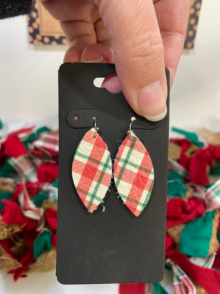 Red and Green Plaid on White Leather Earrings