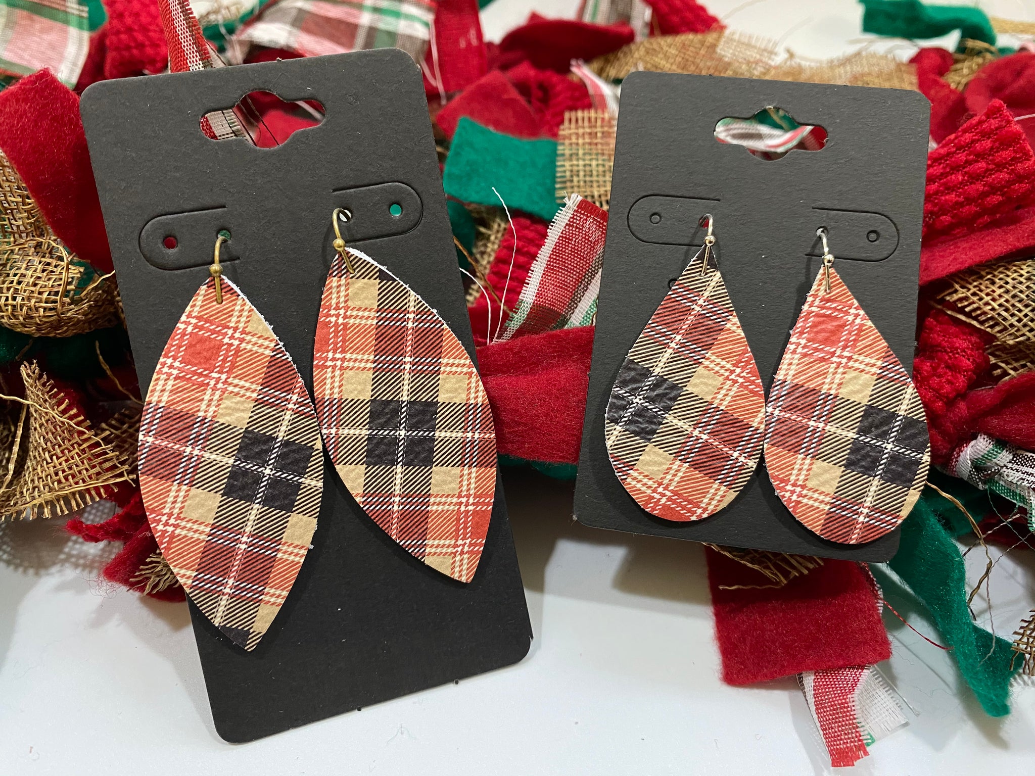 Tan Red Black and White Plaid Leather Earrings
