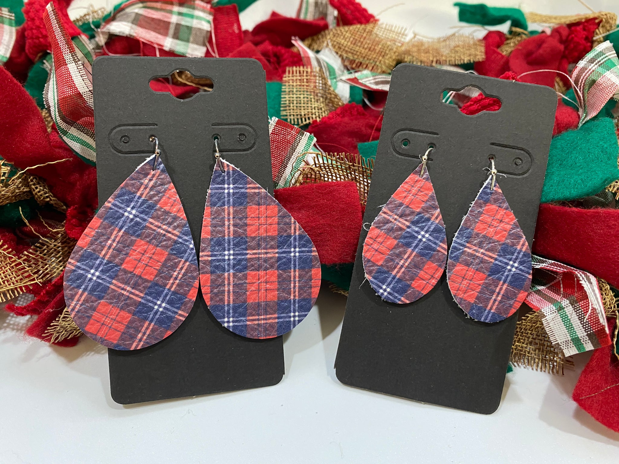Red Blue and White Plaid Leather Earrings