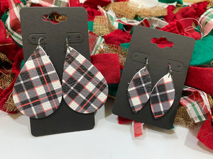 White Black and Red Plaid Leather Earrings