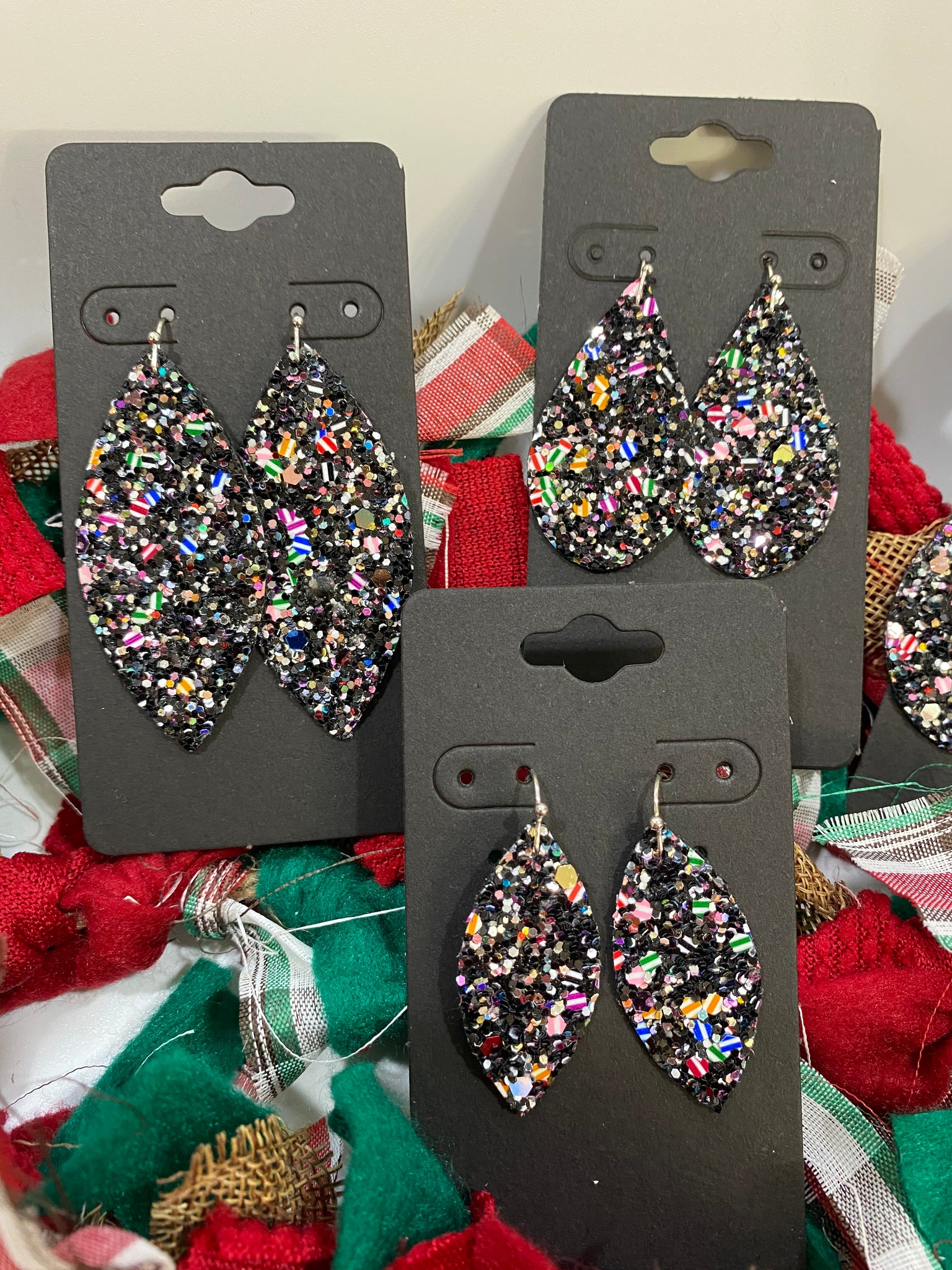 Multi-colored Black Silver Sparkly Holiday Glitter Fabric Earrings