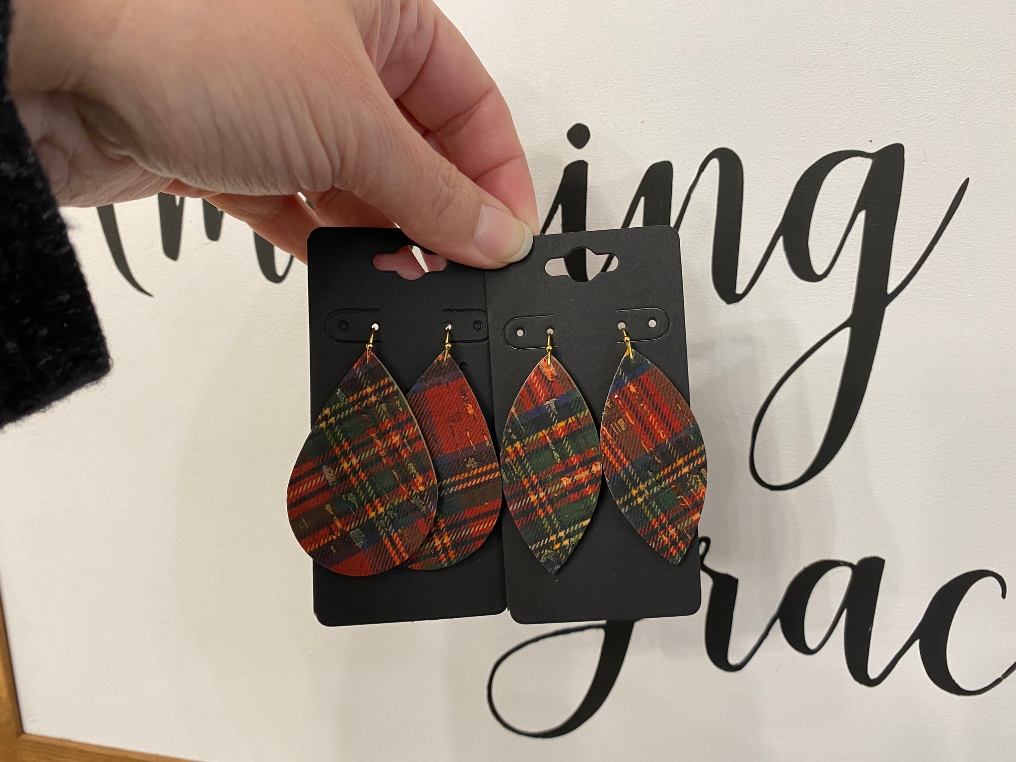 Classic Red Christmas Plaid Cork and Leather Earrings