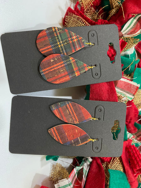 Classic Red Christmas Plaid Cork and Leather Earrings
