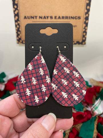 Cranberry Red Leather with Navy Stripes and Creamy White Rustic Christmas Trees Leather Earrings