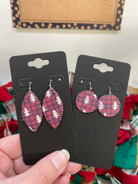 Cranberry Red Leather with Navy Stripes and Creamy White Rustic Christmas Trees Leather Earrings
