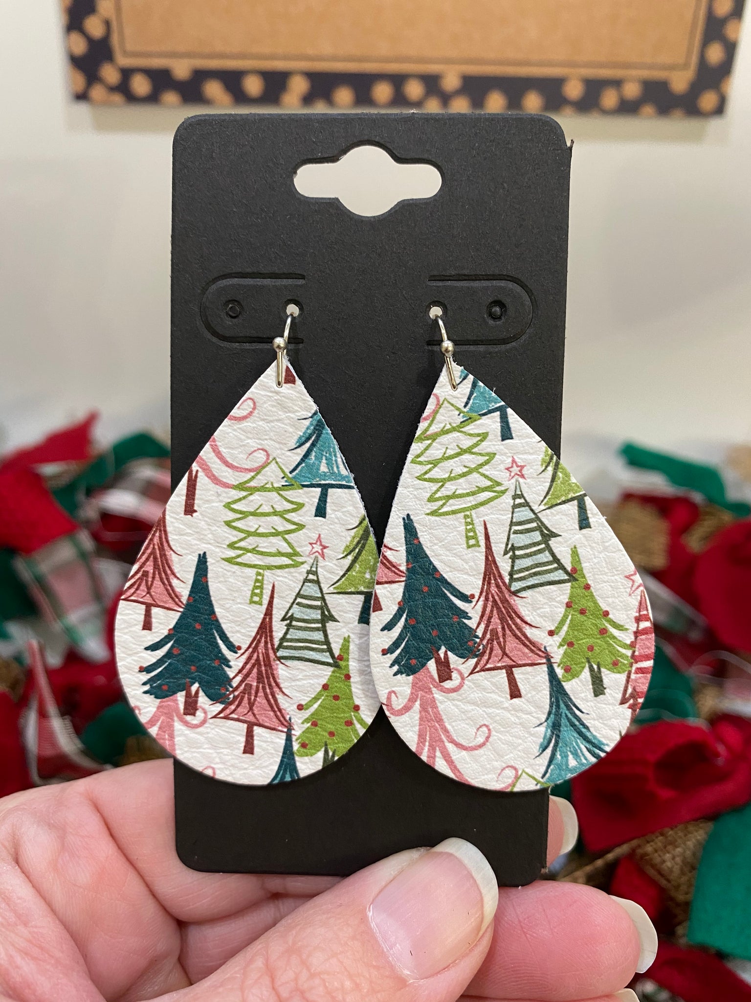 Whimsical Christmas Trees on White Leather Earrings
