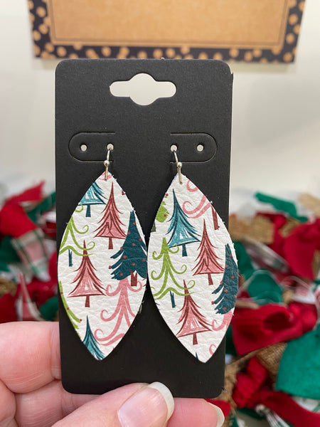 Whimsical Christmas Trees on White Leather Earrings