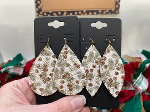 White Leather with Green Pine Tree Branches and Pinecones Earrings