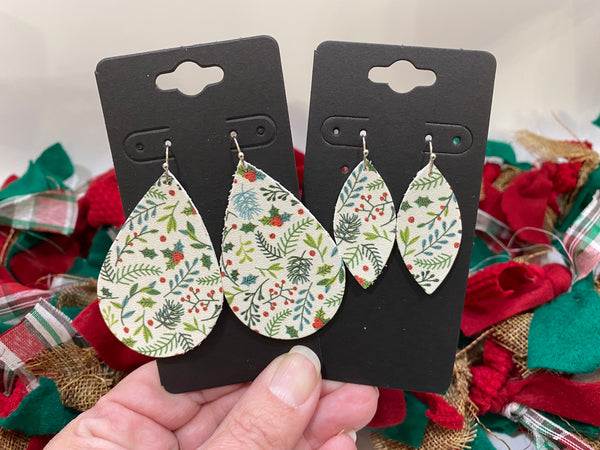 White Leather with Green and Red Holly Leaves and Berries Earrings
