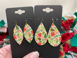 White Leather with Green and Red Holly Leaves and Berries and Pinecones Earrings