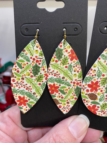White Leather with Green and Red Holly Leaves and Berries and Pinecones Earrings