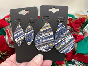 White Blue Gray Black and Gold Variegated Stripes Leather Earrings