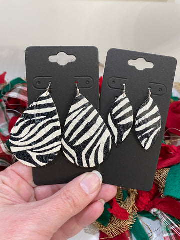 Black and White Zebra Striped Print Leather on Cork Earrings