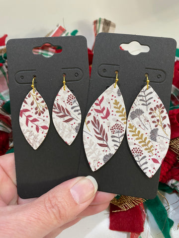 Whimsical Holiday Leaves and Flowers in Muted Shades of Red and Green on White Leather Earrings
