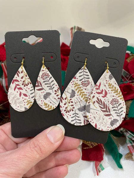 Whimsical Holiday Leaves and Flowers in Muted Shades of Red and Green on White Leather Earrings