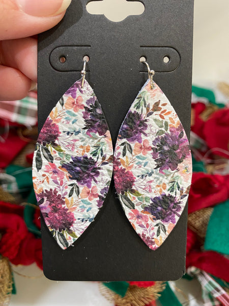Gorgeous Plum and Purple Flower Printed Leather Earrings