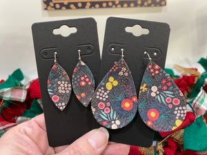 Whimsical White Turquoise Pink and Yellow Flowers on Black Cork Leather Earrings