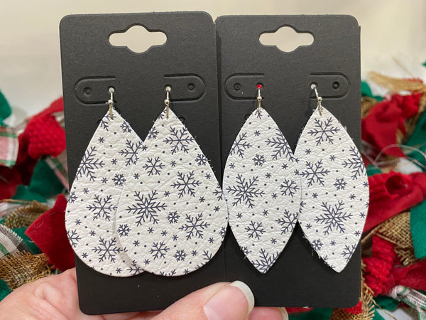White Leather with a Black Snowflake Print Earrings