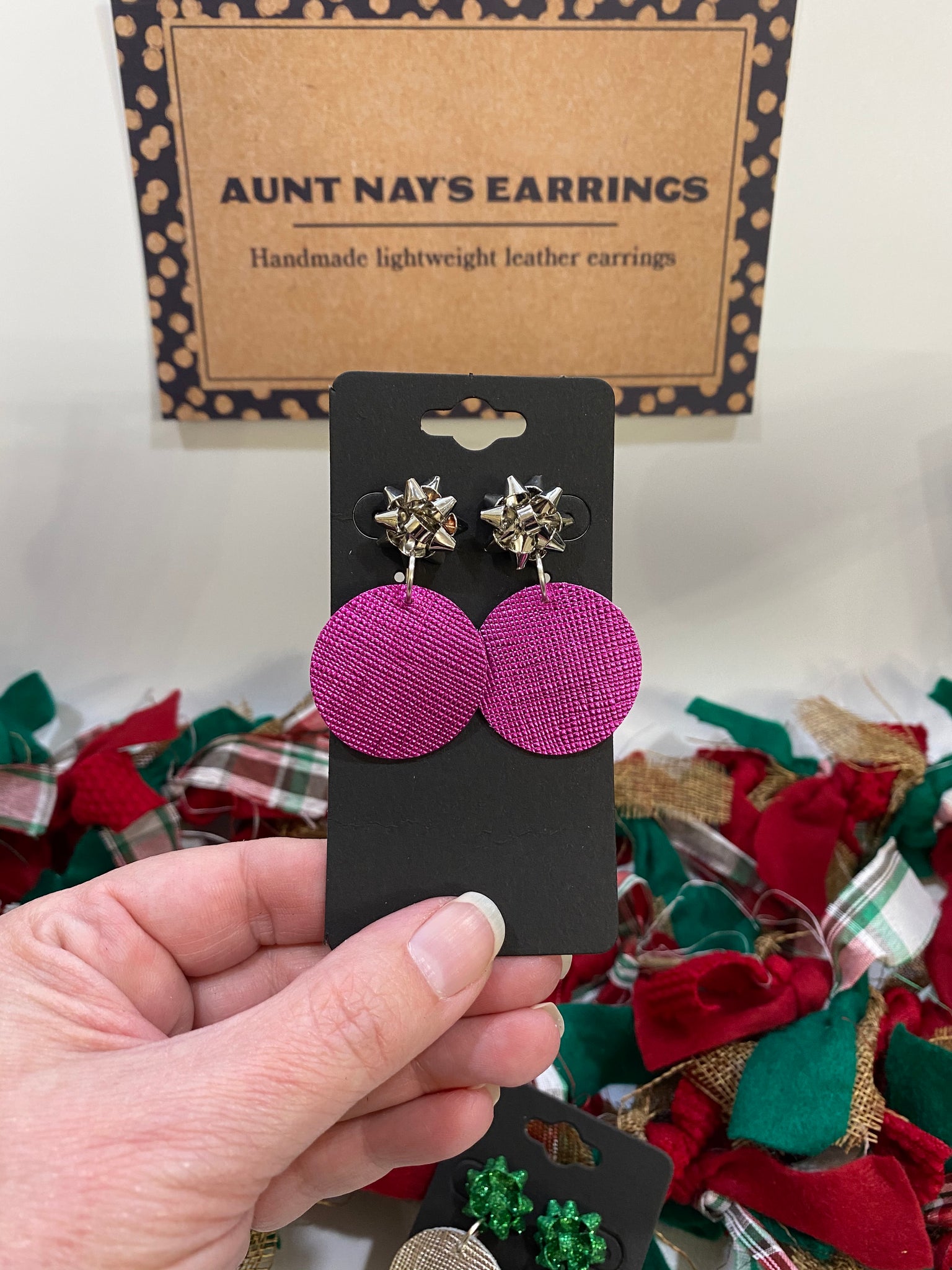 Silver Christmas Bow with a Metallic Magenta Saffiano Leather Circle Earrings